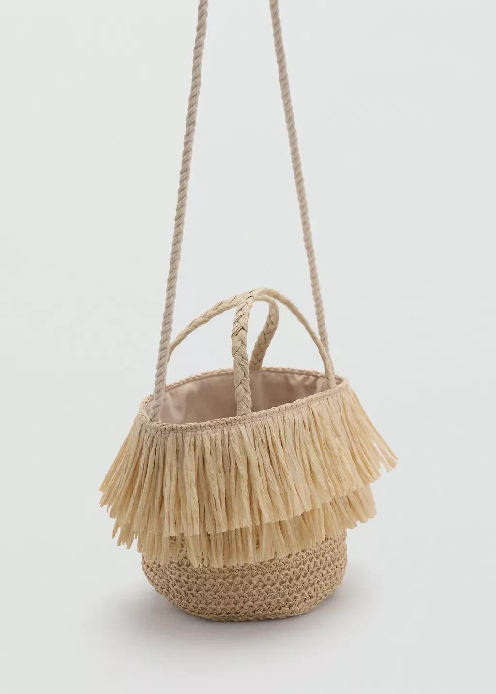 Brown Lt Pastel Fringed Raffia Bag, Kids Girl, Light Pastel Brown, large image number 0