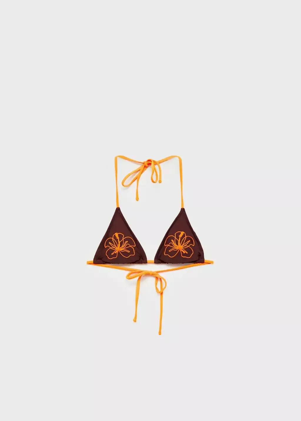 Brown Embroidered-Flower Bikini Top, , large image number 0