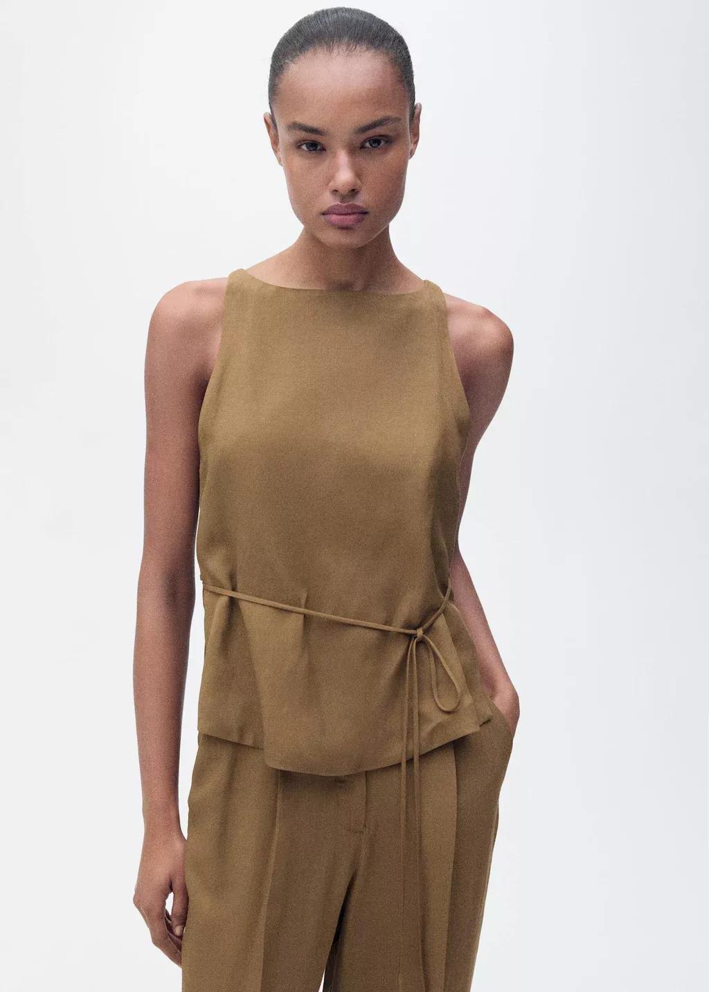 Green Linen-Blend Top With Bow, , large image number 0