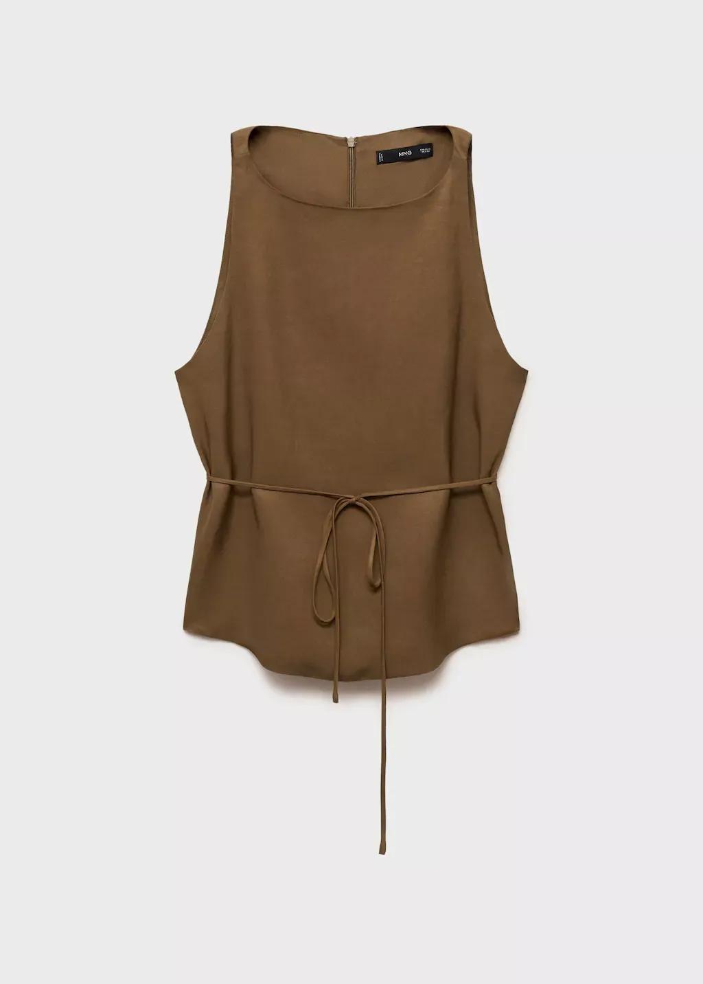 Green Linen-Blend Top With Bow, , large image number 4