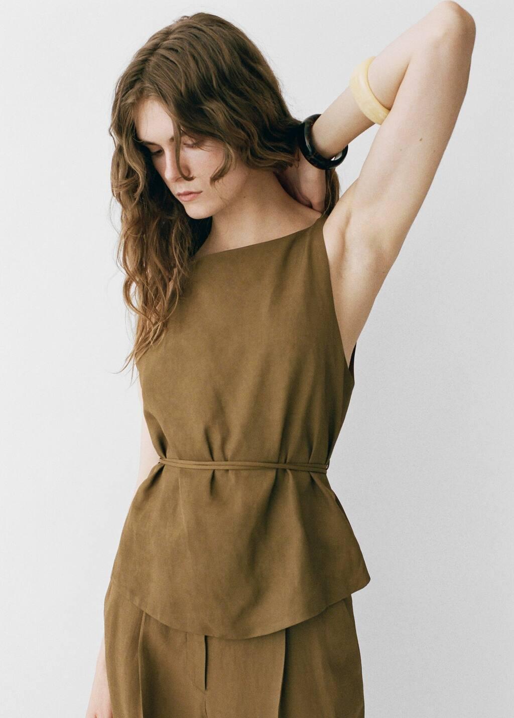 Green Linen-Blend Top With Bow, , large image number 6