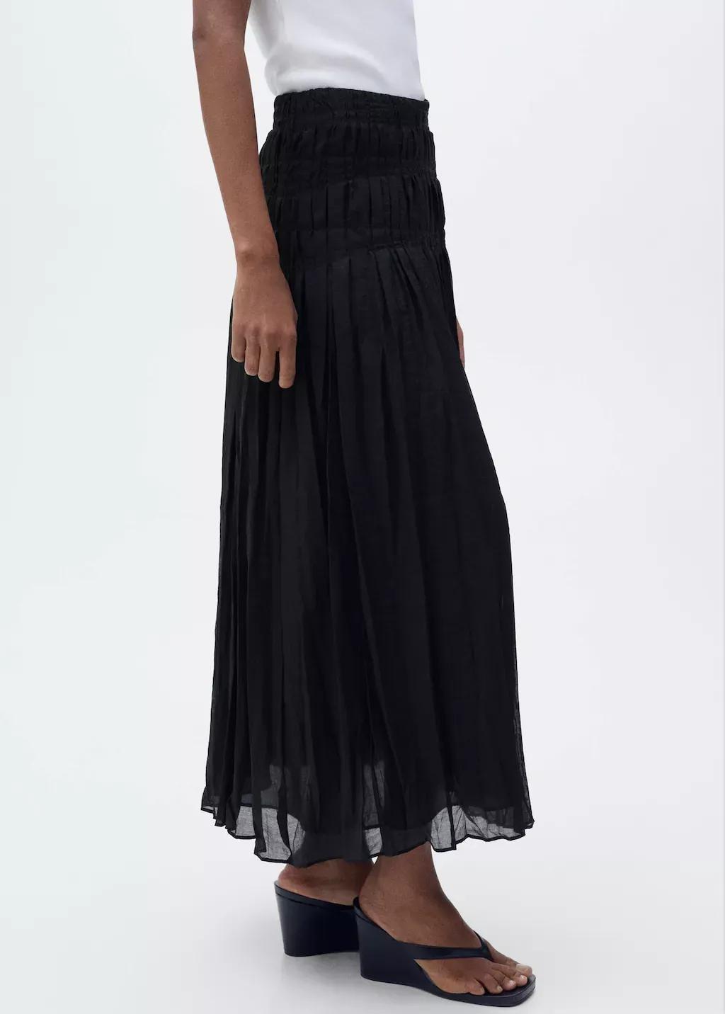 Black Gathered Midi-Skirt, , medium