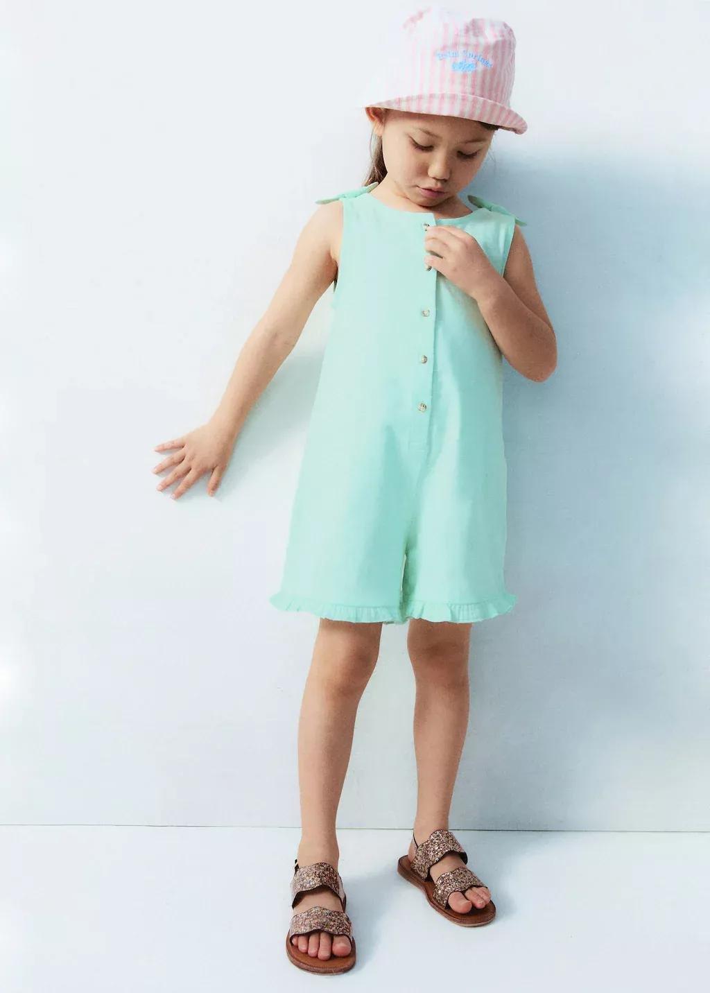 Turquoise Short Jumpsuit With Bow Detail, Baby Girl, , large image number 3