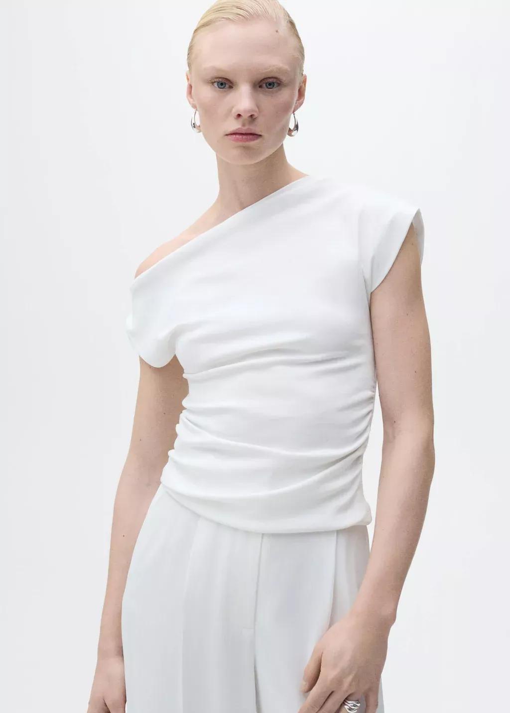White Asymmetrical Draped Top, , medium