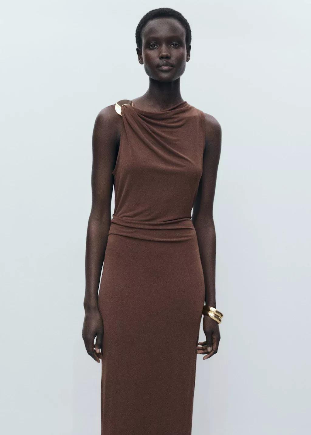Brown Draped Dress With Metallic Detail, , large image number 0