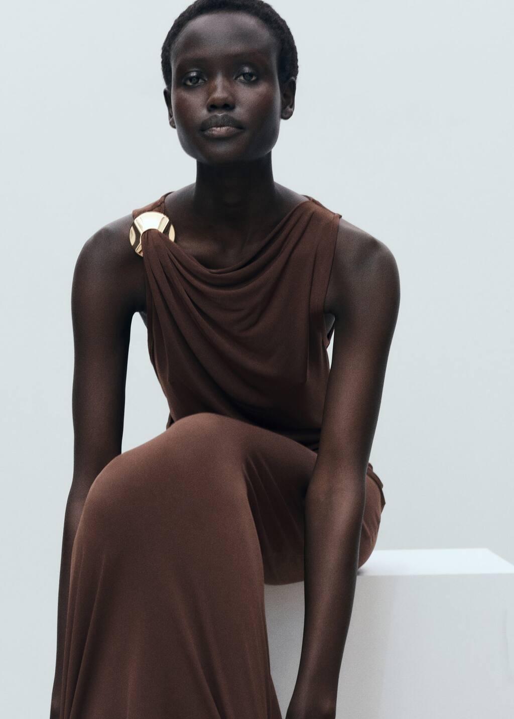 Brown Draped Dress With Metallic Detail, , large image number 2
