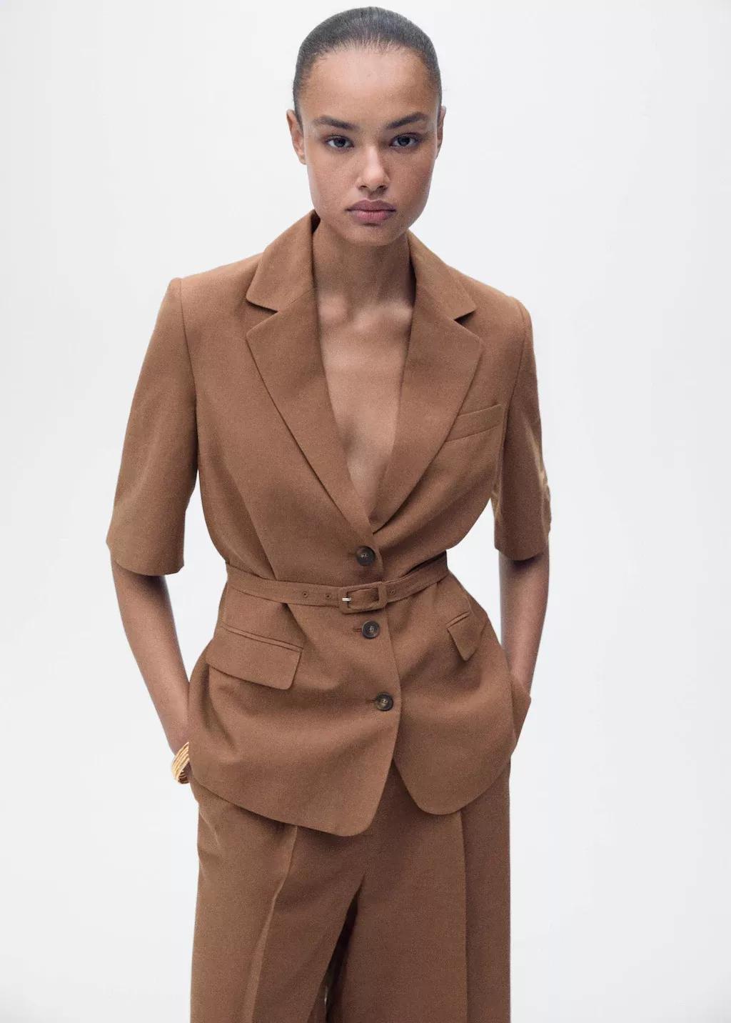 Brown Linen-Blend Suit Jacket With Belt, , large image number 0