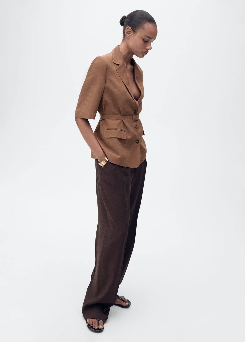 Brown Linen-Blend Suit Jacket With Belt, , large image number 1