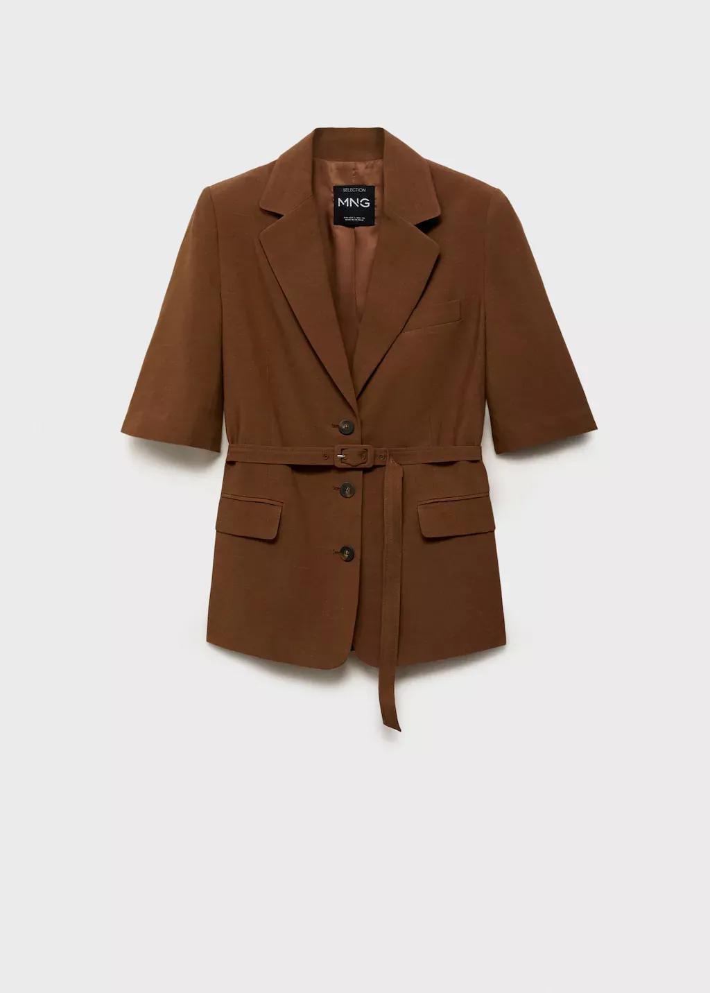 Brown Linen-Blend Suit Jacket With Belt, , large image number 3