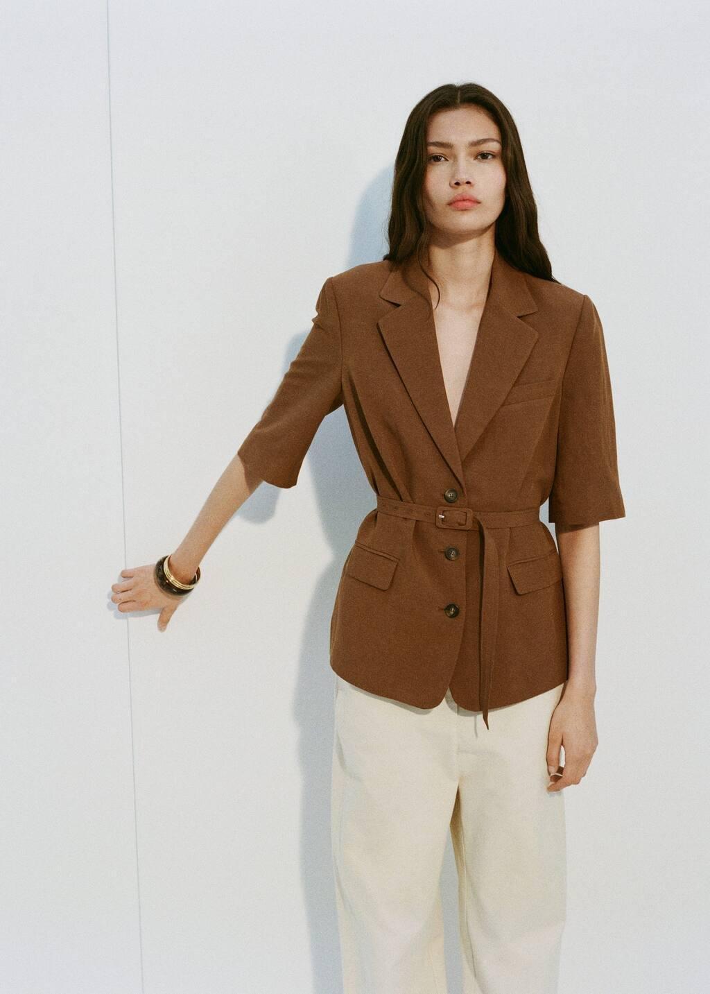 Brown Linen-Blend Suit Jacket With Belt, , large image number 5