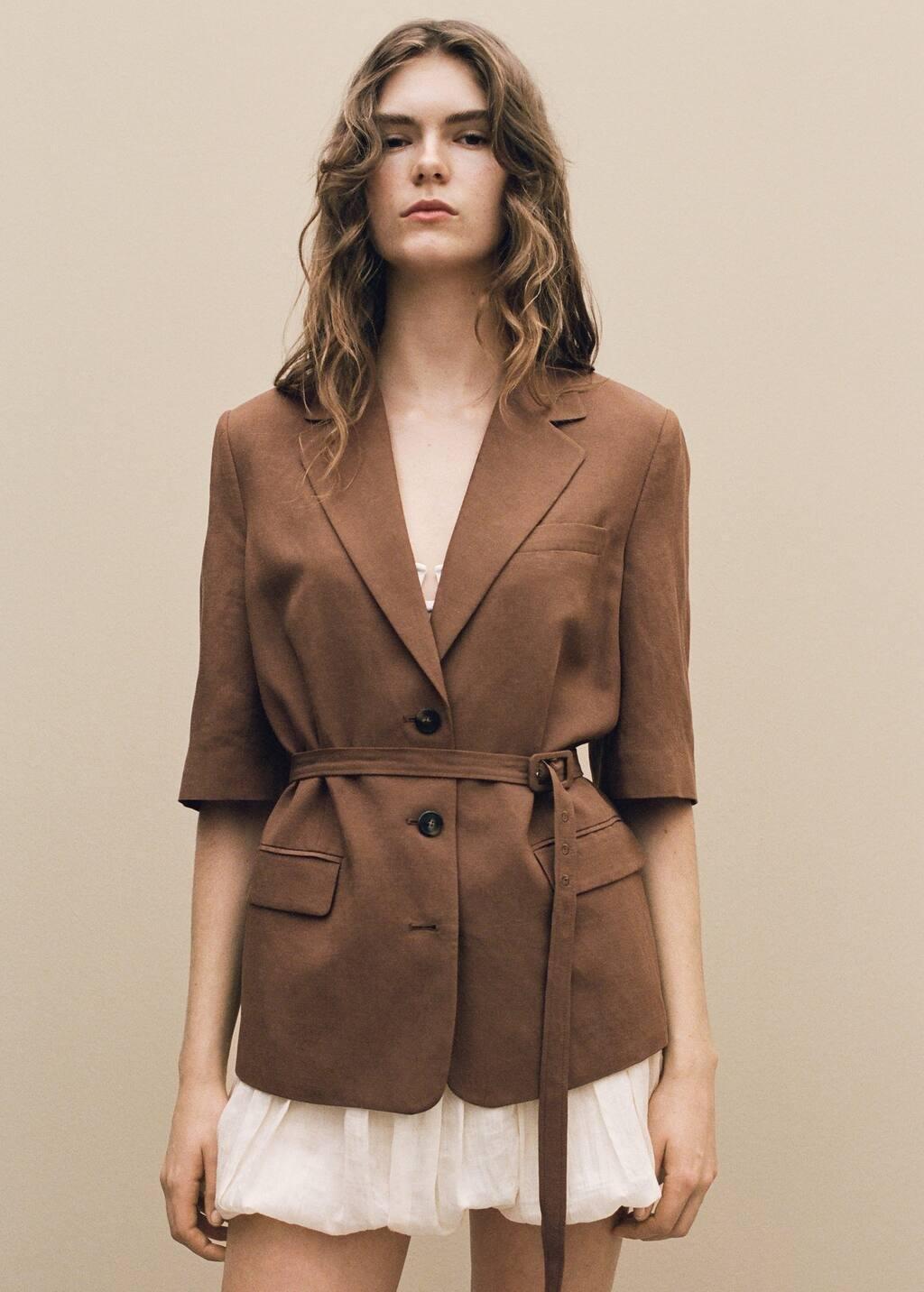 Brown Linen-Blend Suit Jacket With Belt, , large image number 7