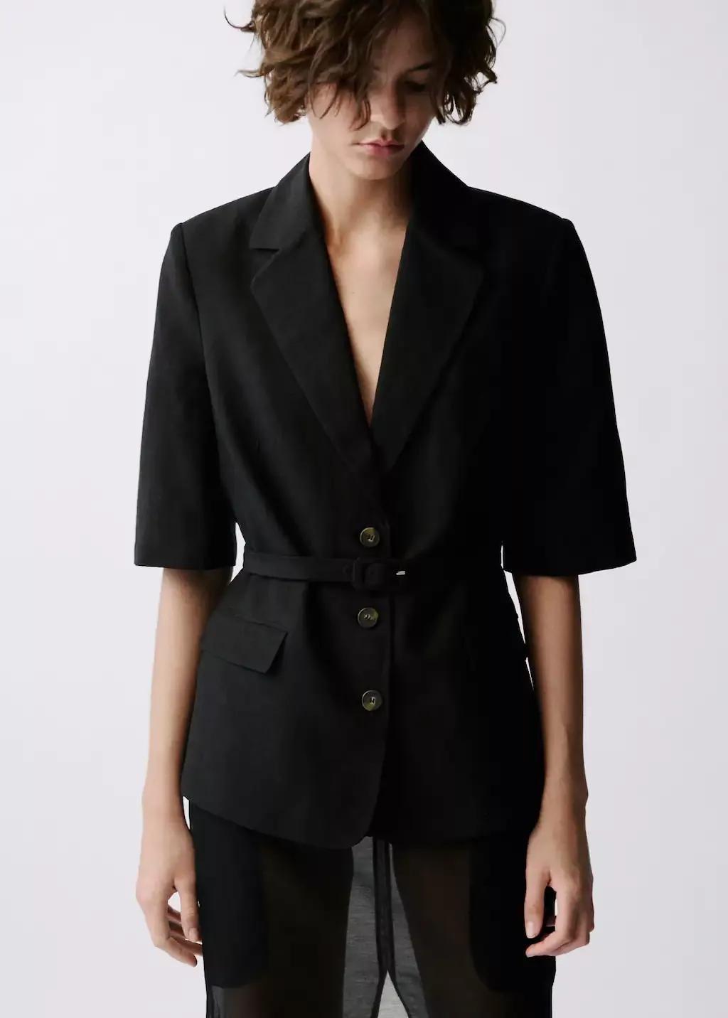 Black Linen-Blend Suit Jacket With Belt, , large image number 0