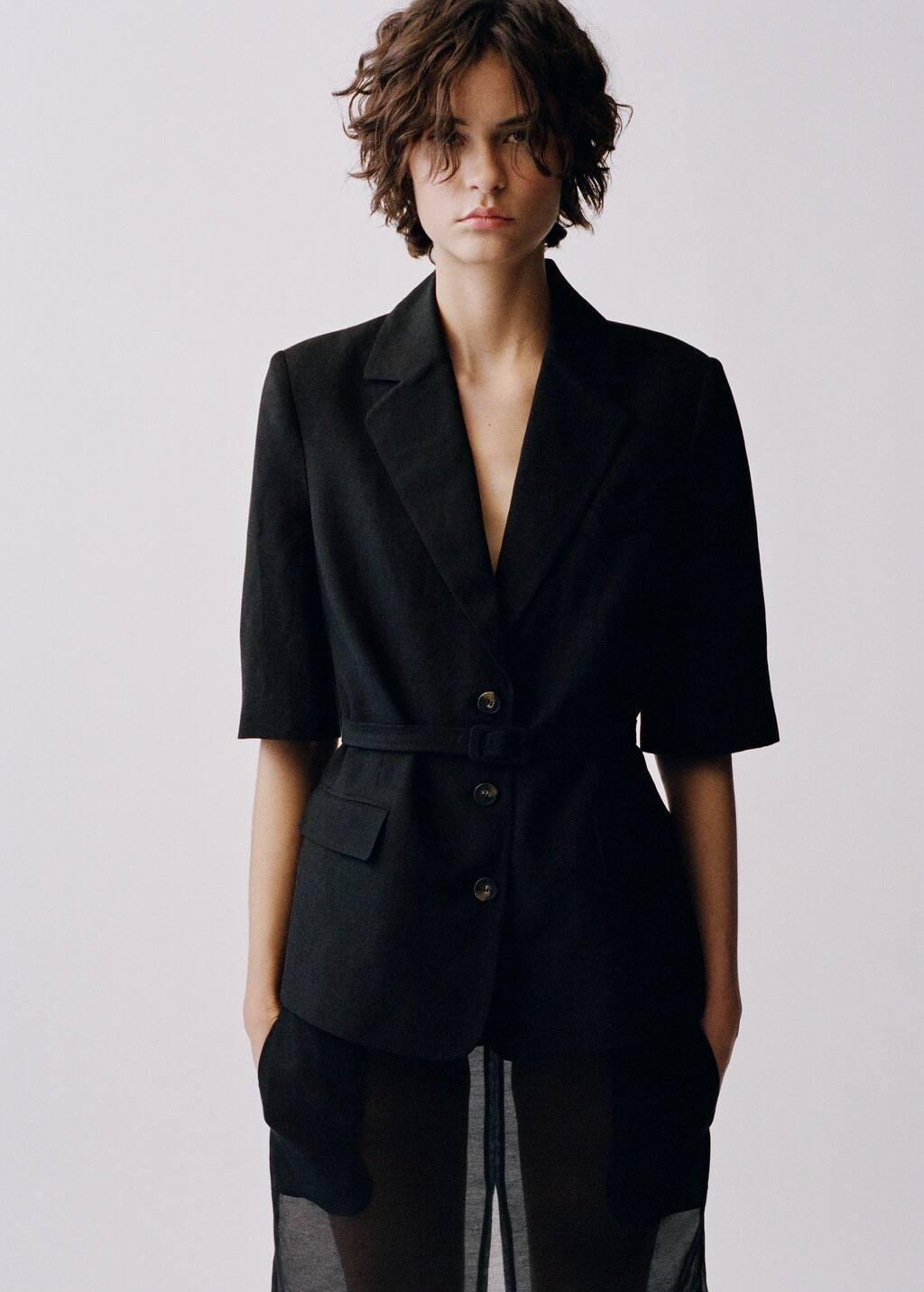 Black Linen-Blend Suit Jacket With Belt, , large image number 1