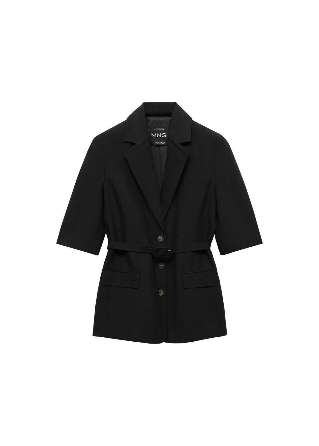 Black Linen-Blend Suit Jacket With Belt, , large image number 2