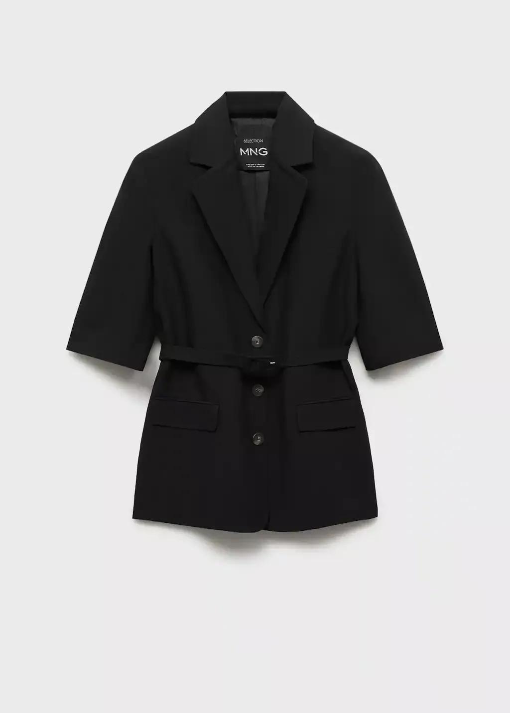 Black Linen-Blend Suit Jacket With Belt, , large image number 4