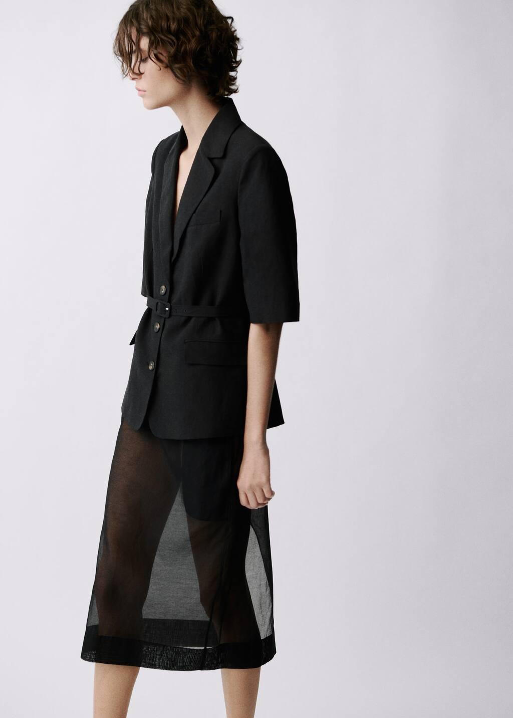 Black Linen-Blend Suit Jacket With Belt, , large image number 5