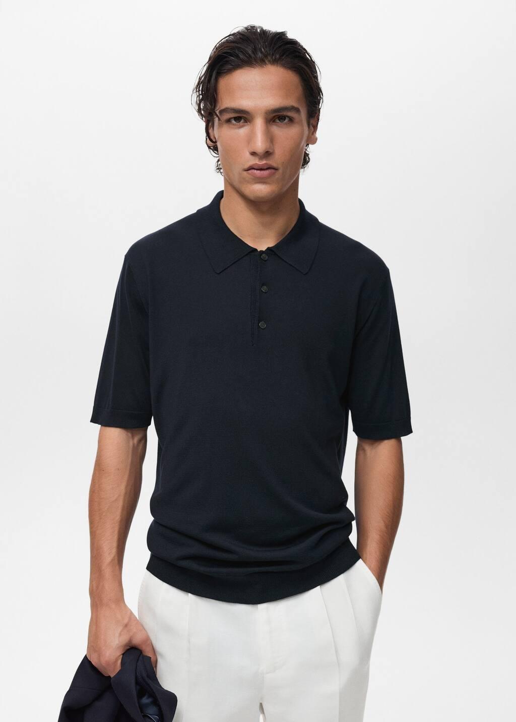Navy Fine-Knit Lyocell Polo Shirt, , large image number 1