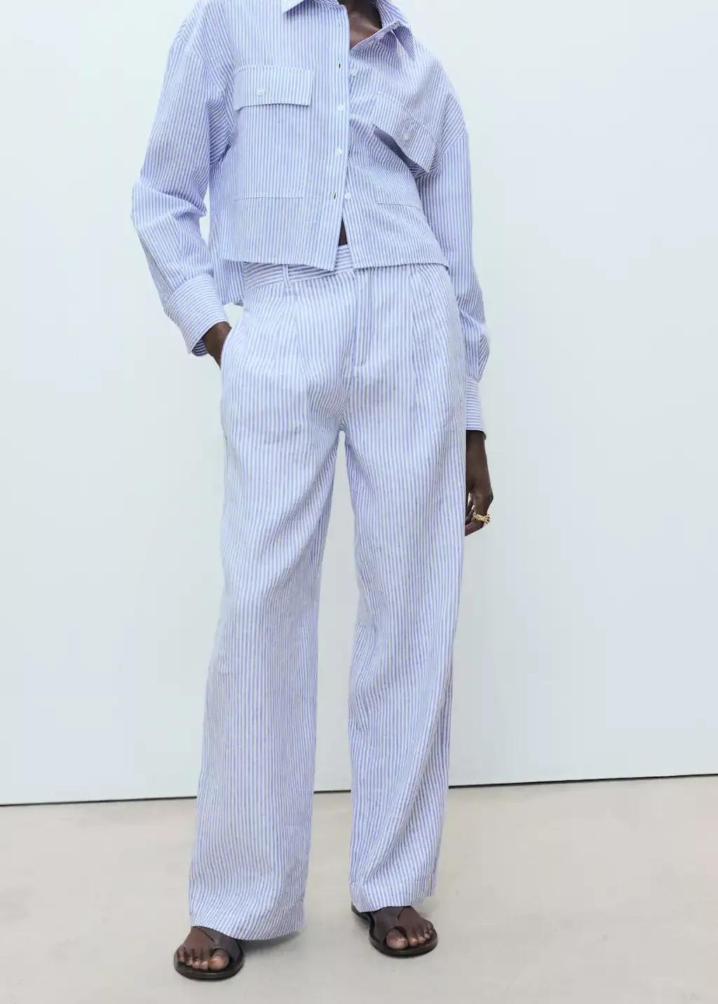 Blue Striped Linen-Blend Trousers, , large image number 0