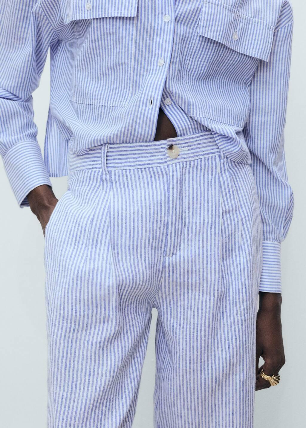 Blue Striped Linen-Blend Trousers, , large image number 2