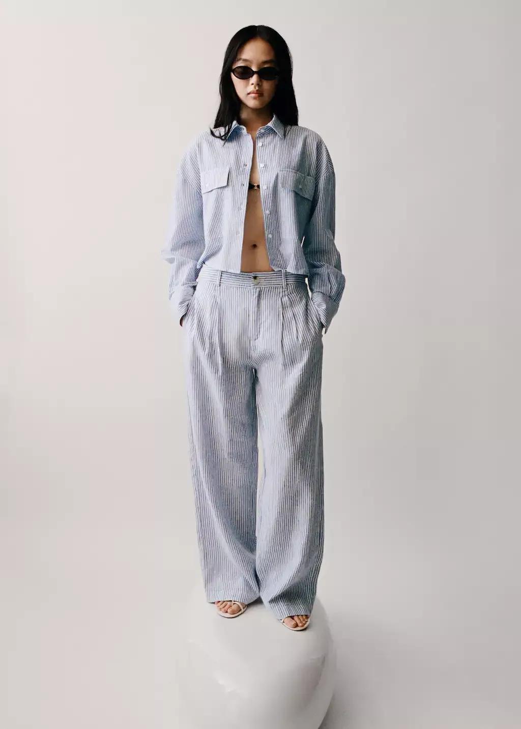 Blue Striped Linen-Blend Trousers, , large image number 4
