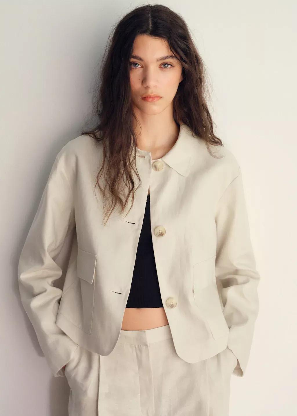 Beige Pocket Linen-Blend Jacket, , large image number 0