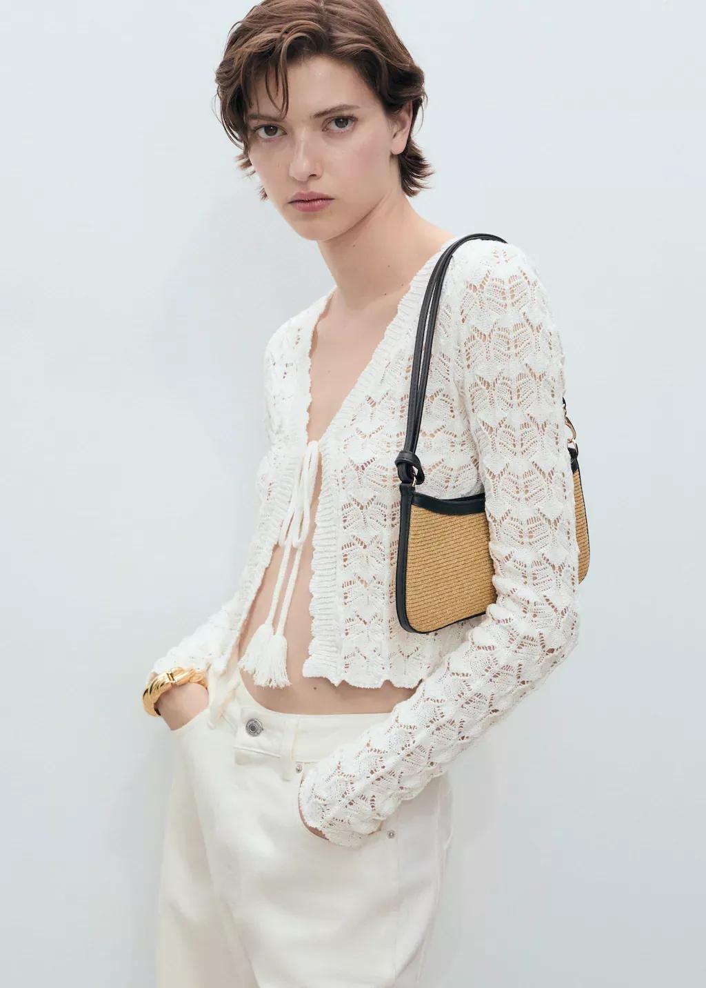 White Crochet Cardigan With Bow Closure, , large image number 0