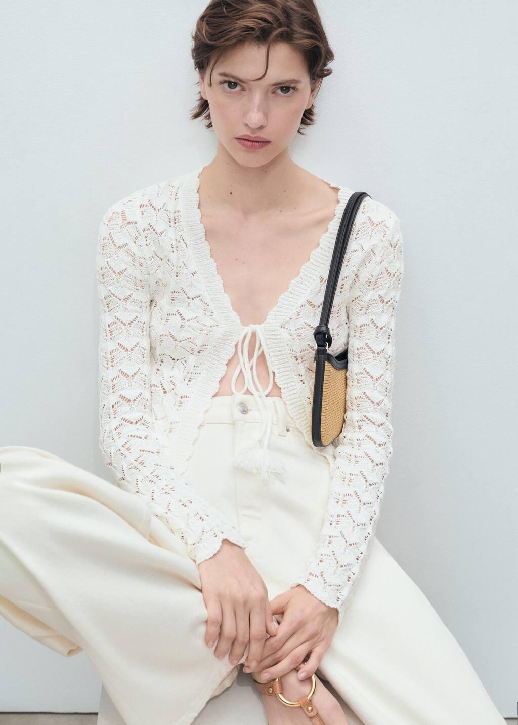 White Crochet Cardigan With Bow Closure, , large image number 2