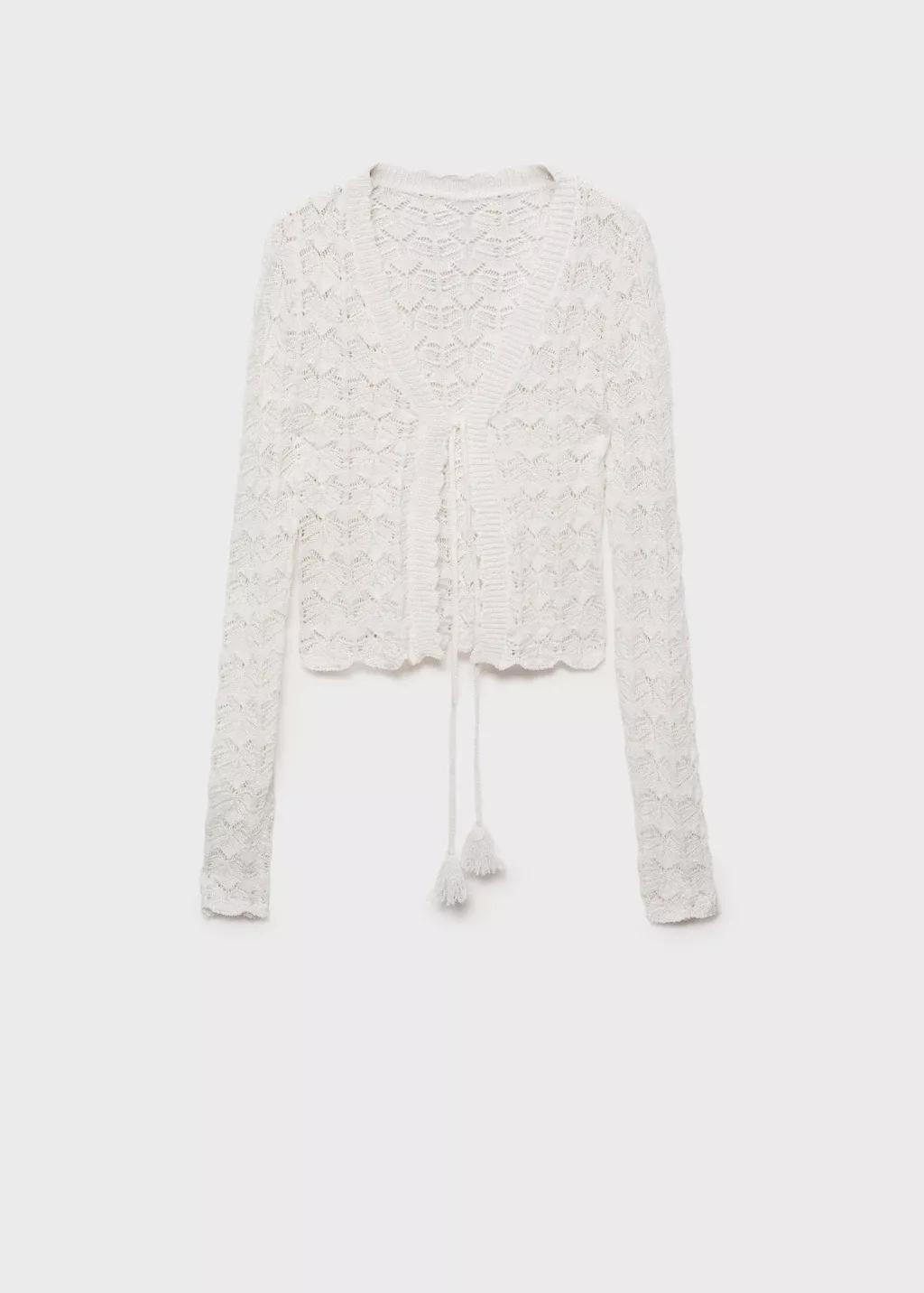 White Crochet Cardigan With Bow Closure, , large image number 3