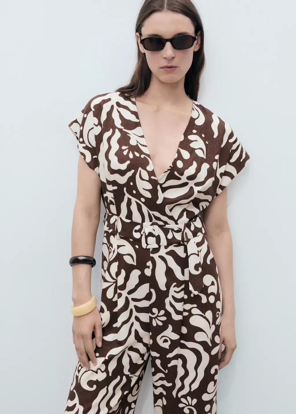 Brown Printed Linen Jumpsuit With Belt, , large image number 0