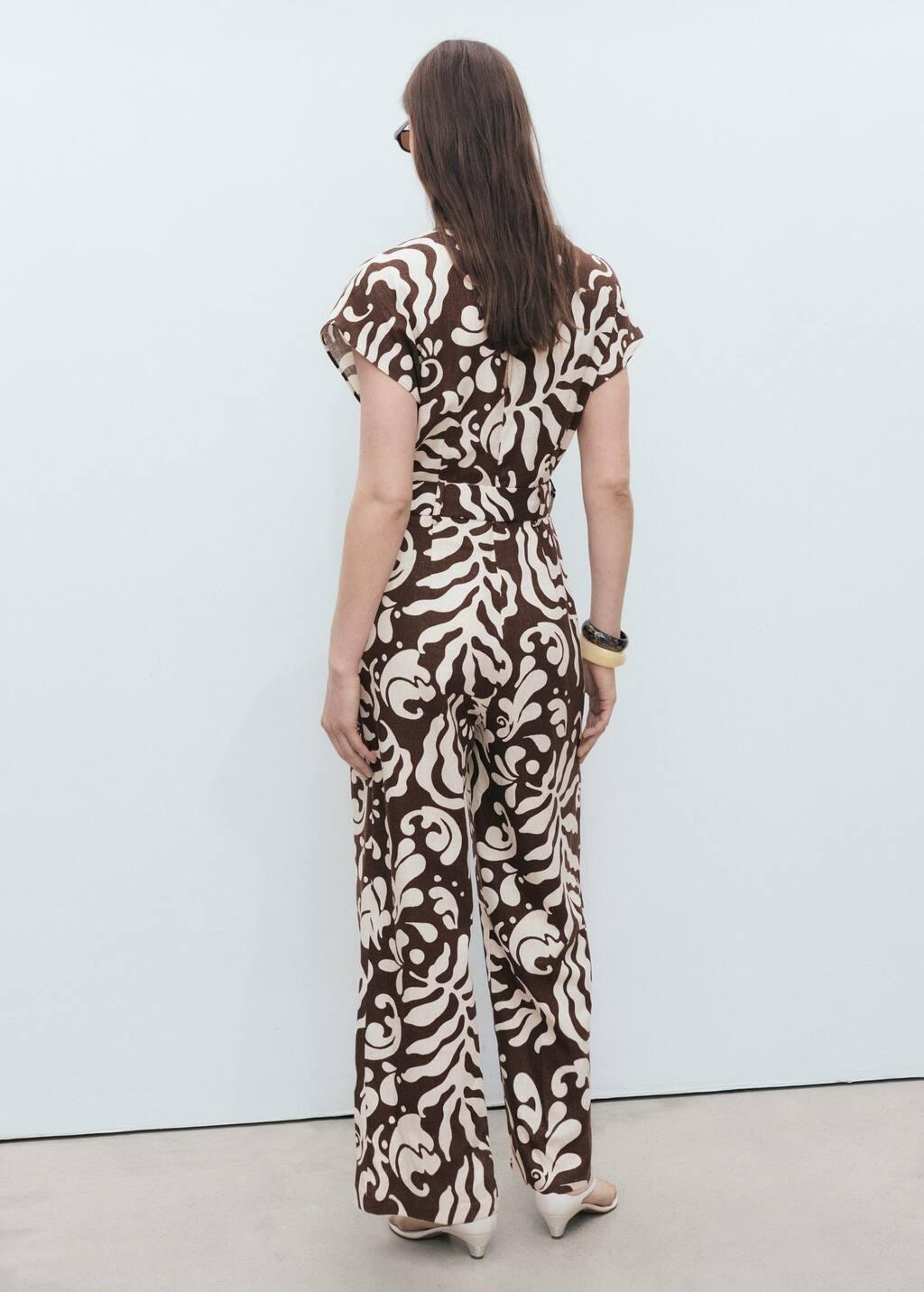 Brown Printed Linen Jumpsuit With Belt, , large image number 4