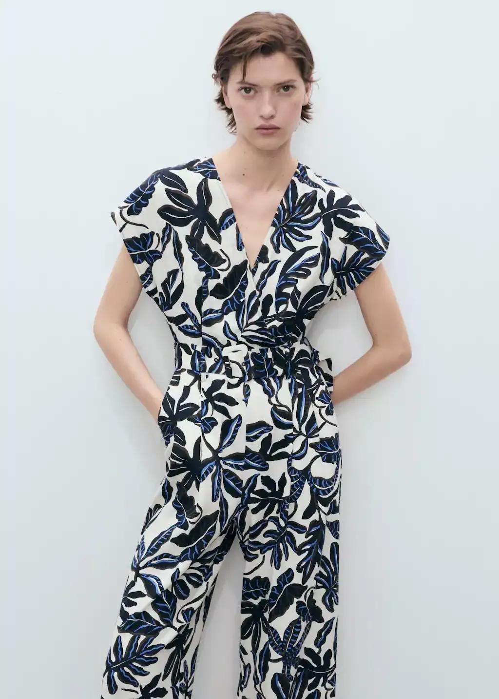 Blue Printed Linen Jumpsuit With Belt, , large image number 0