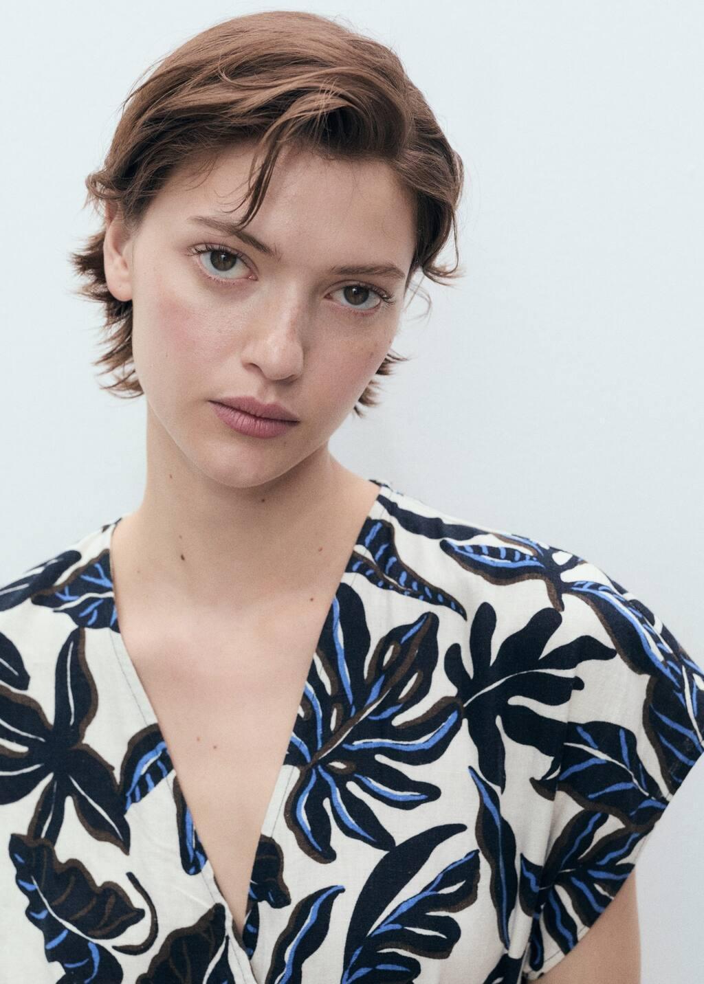 Blue Printed Linen Jumpsuit With Belt, , large image number 1