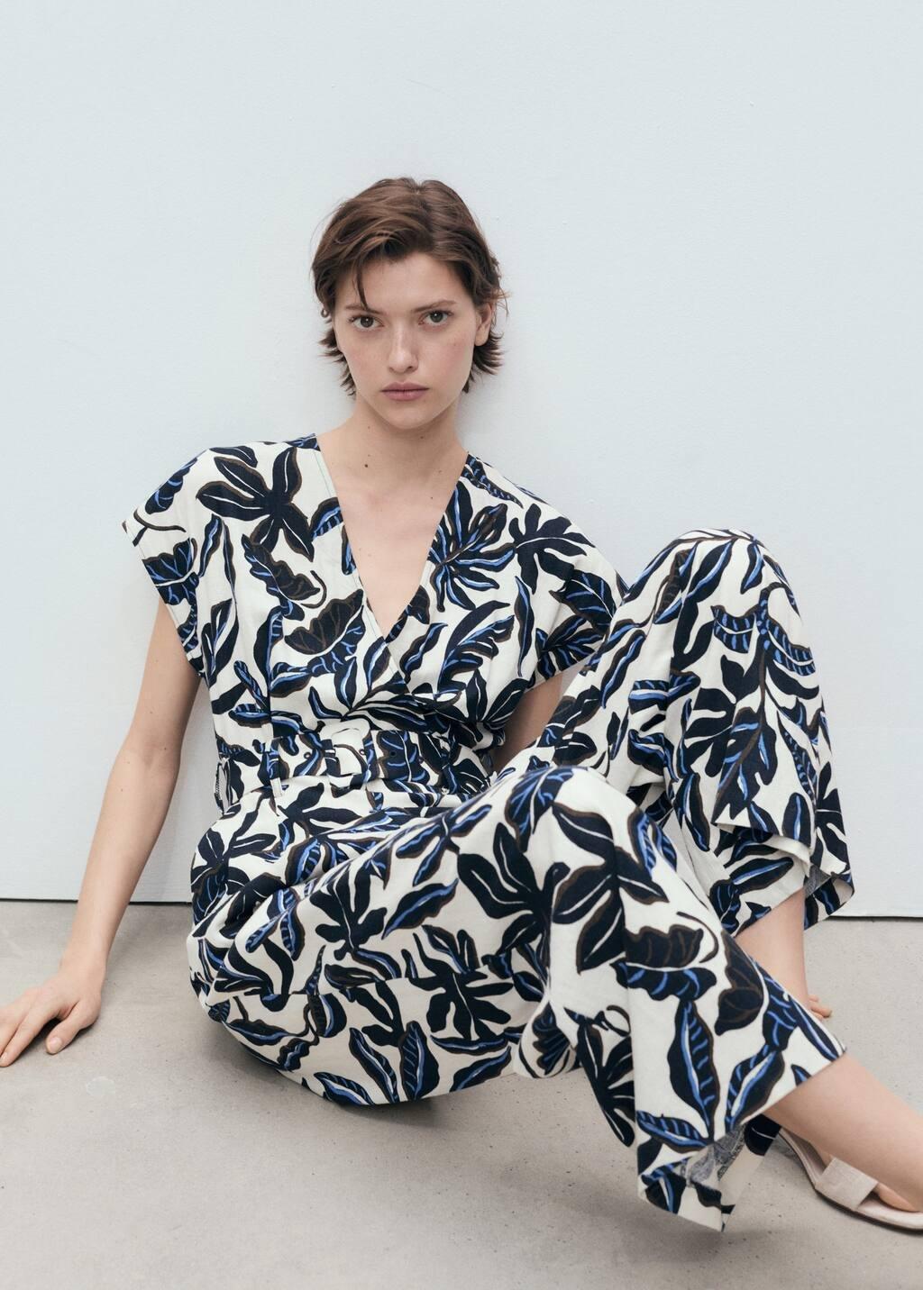 Blue Printed Linen Jumpsuit With Belt, , large image number 2