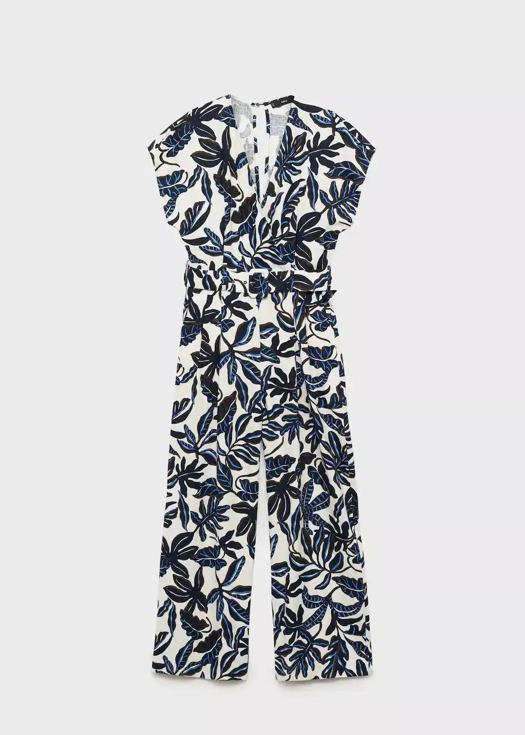 Blue Printed Linen Jumpsuit With Belt, , large image number 3