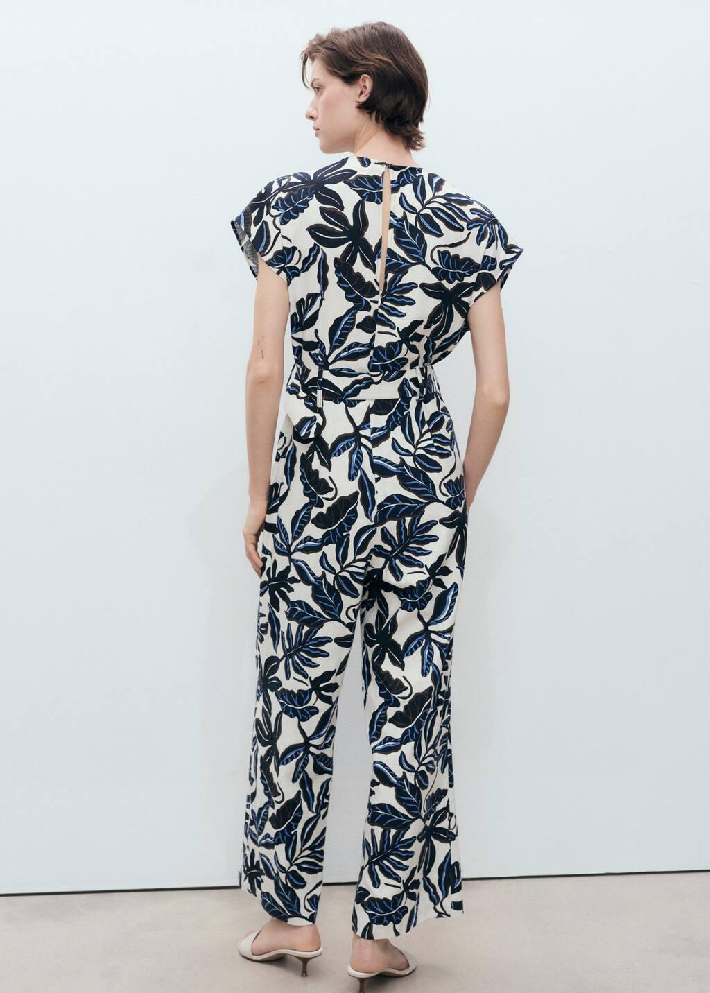 Blue Printed Linen Jumpsuit With Belt, , large image number 5