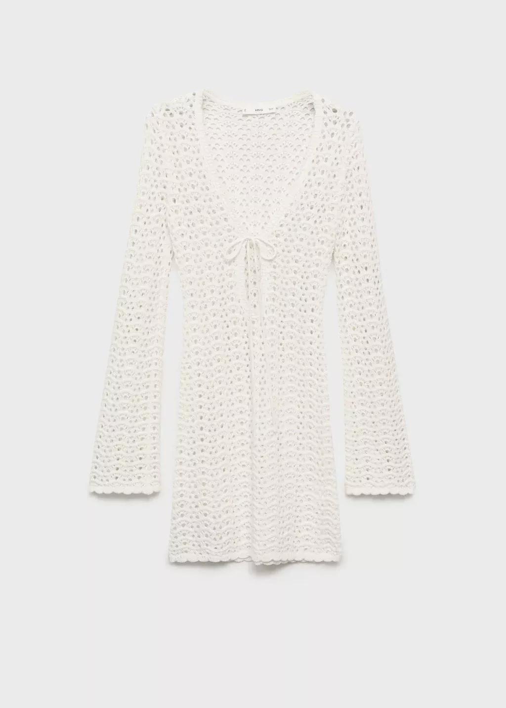 White Mini Crochet Dress With Bow, , large image number 0