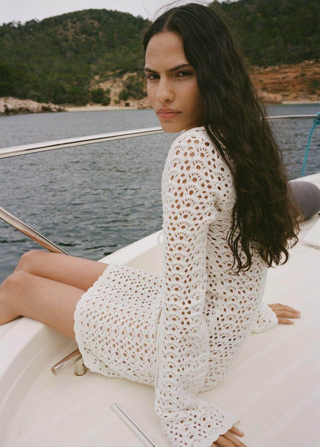 White Mini Crochet Dress With Bow, , large image number 1