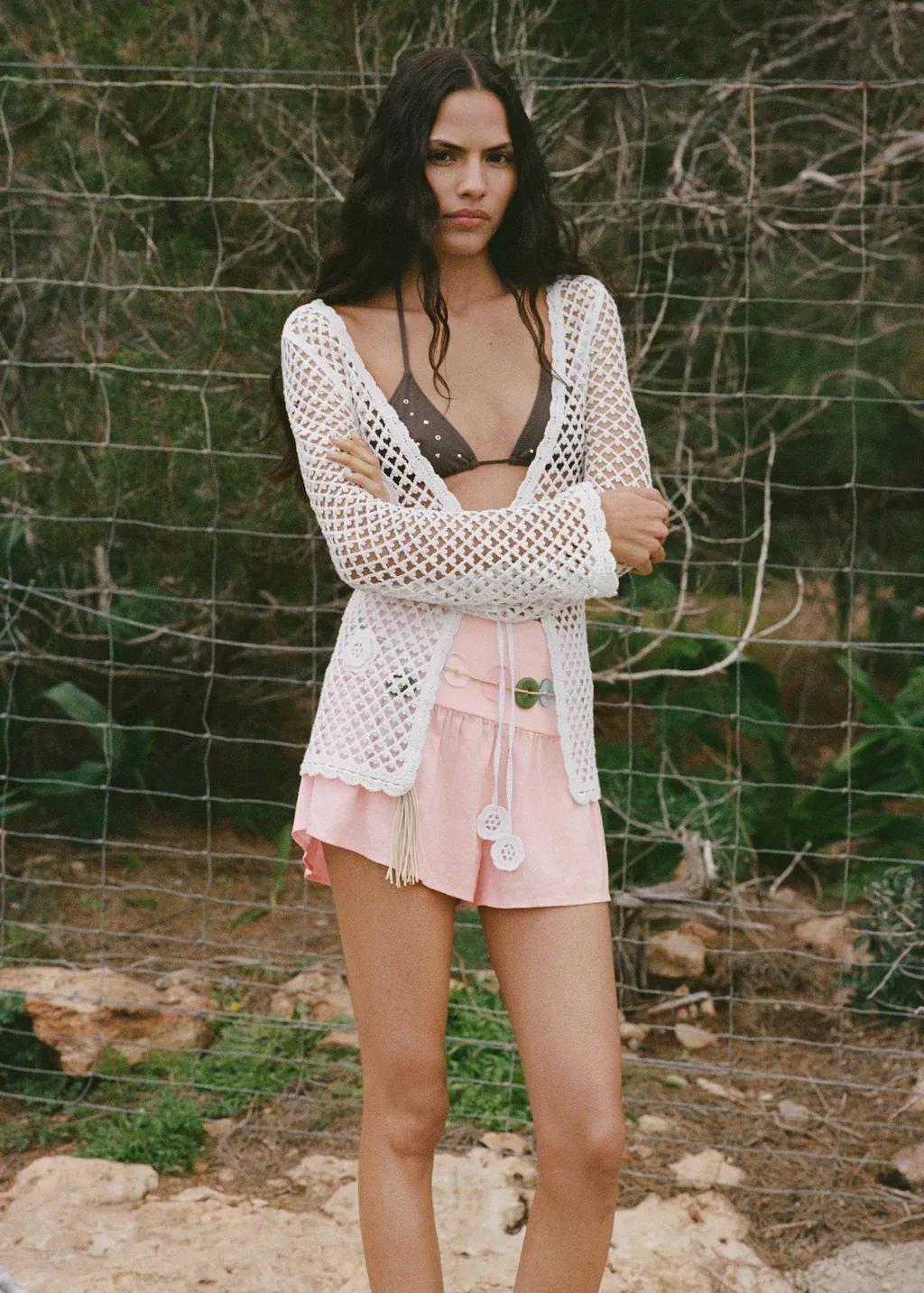 Pink Lt Pastel Linen Shorts With Draped Waist, , large image number 1