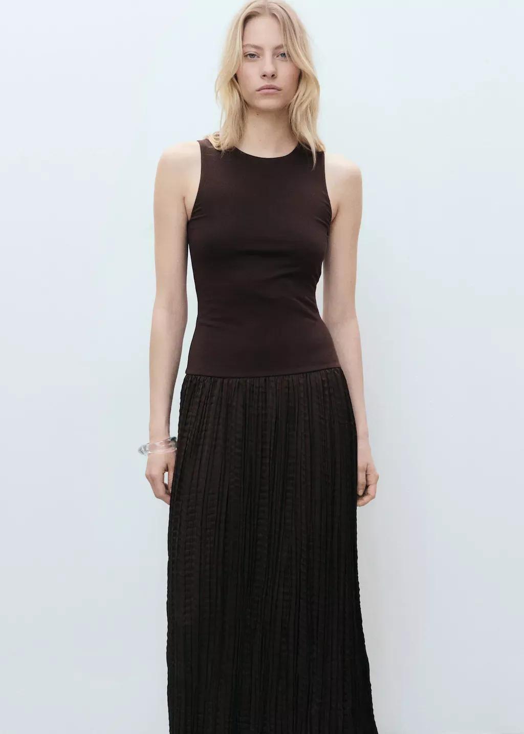 Brown Combined-Fabric Long Dress, , large image number 0