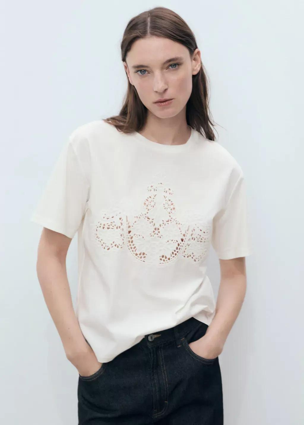 White Embroidered Cotton T-Shirt, , large image number 0