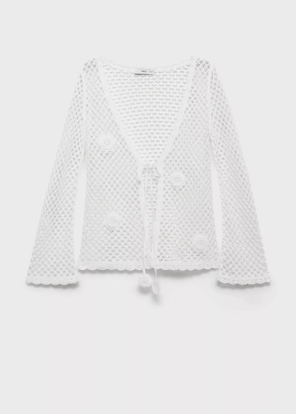 White Crochet Cardigan With Bow Closure, , medium