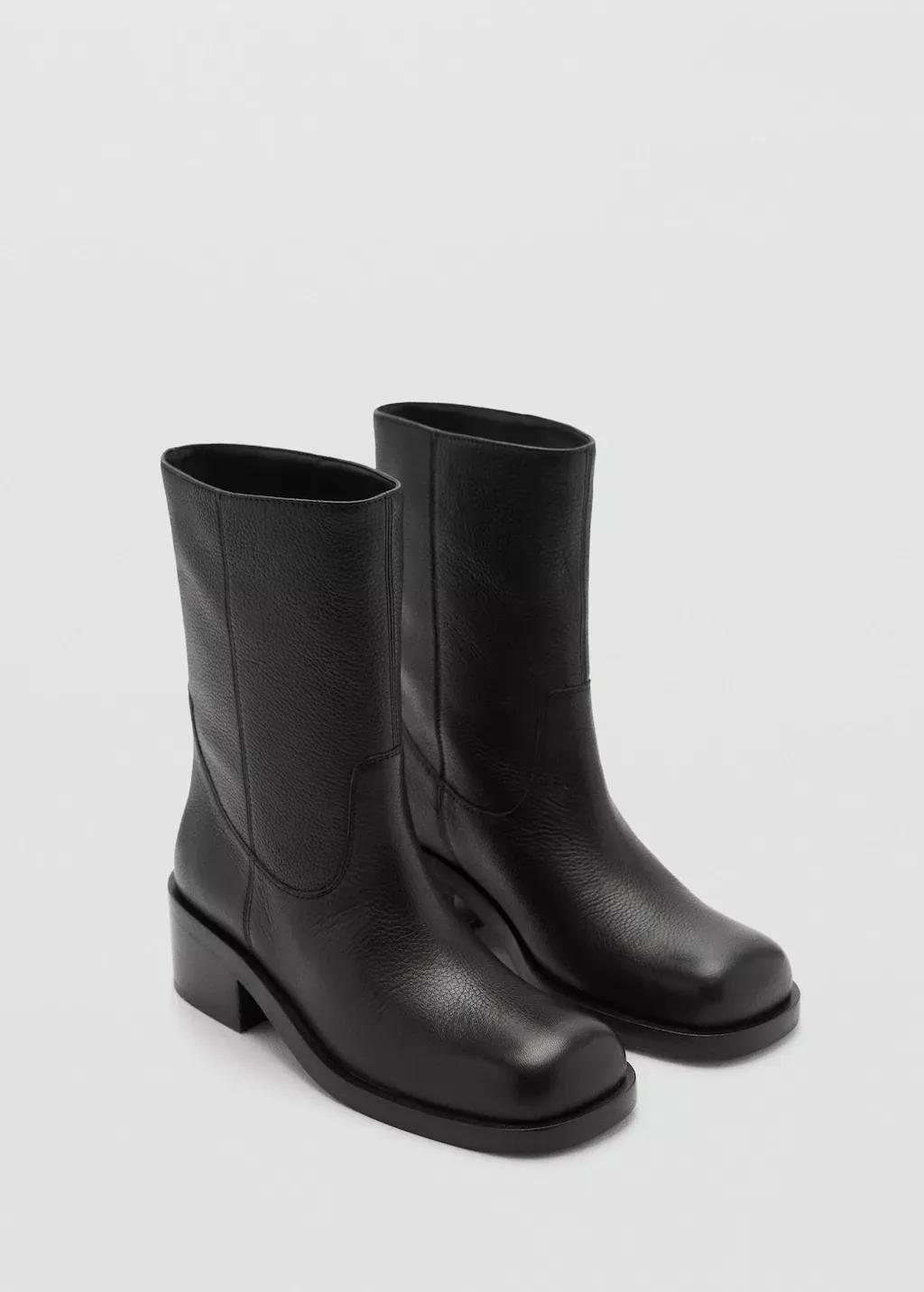 Black Squared Toe Leather Ankle Boots, , medium