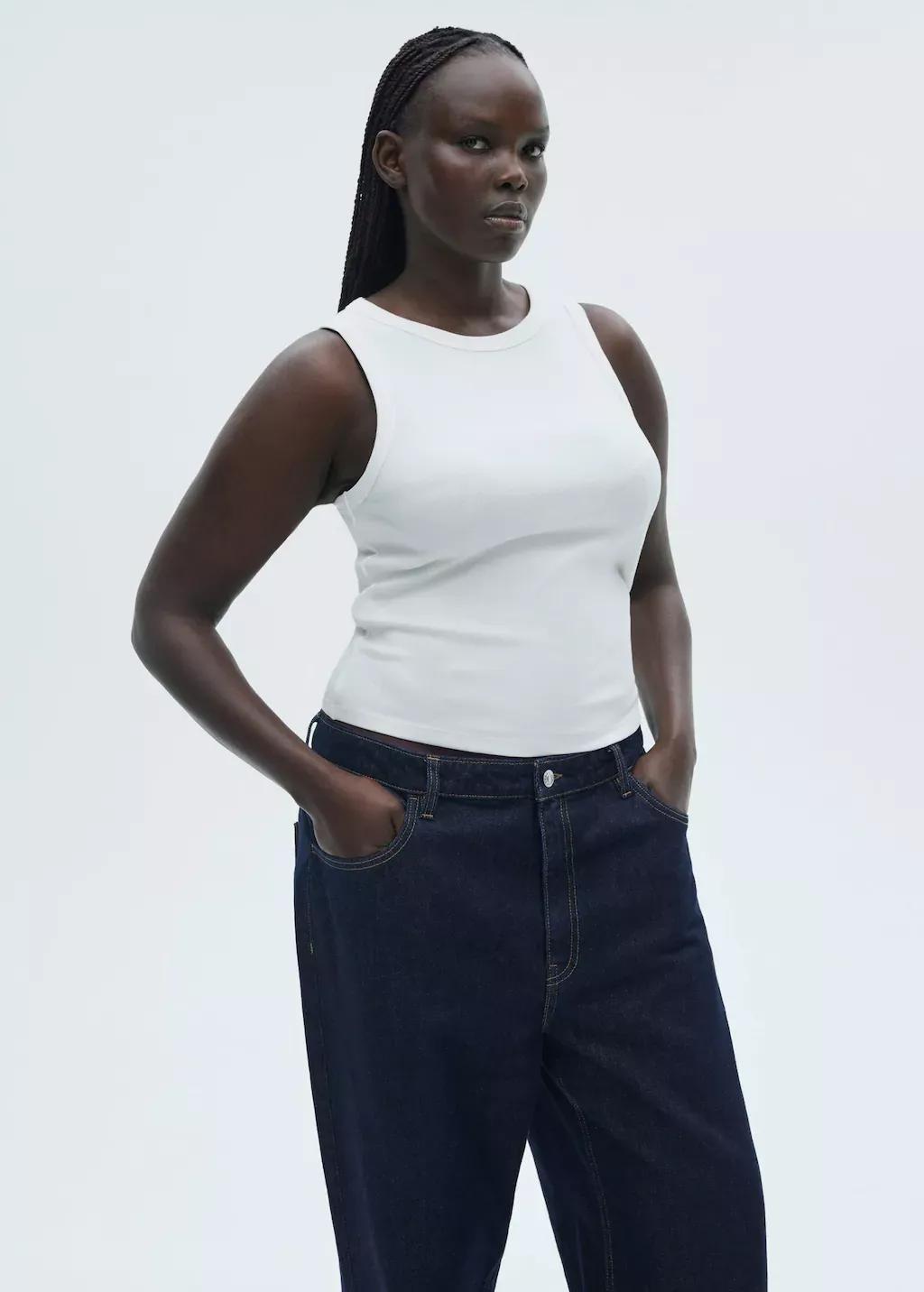 White Ribbed Cotton-Blend Top, , large image number 5
