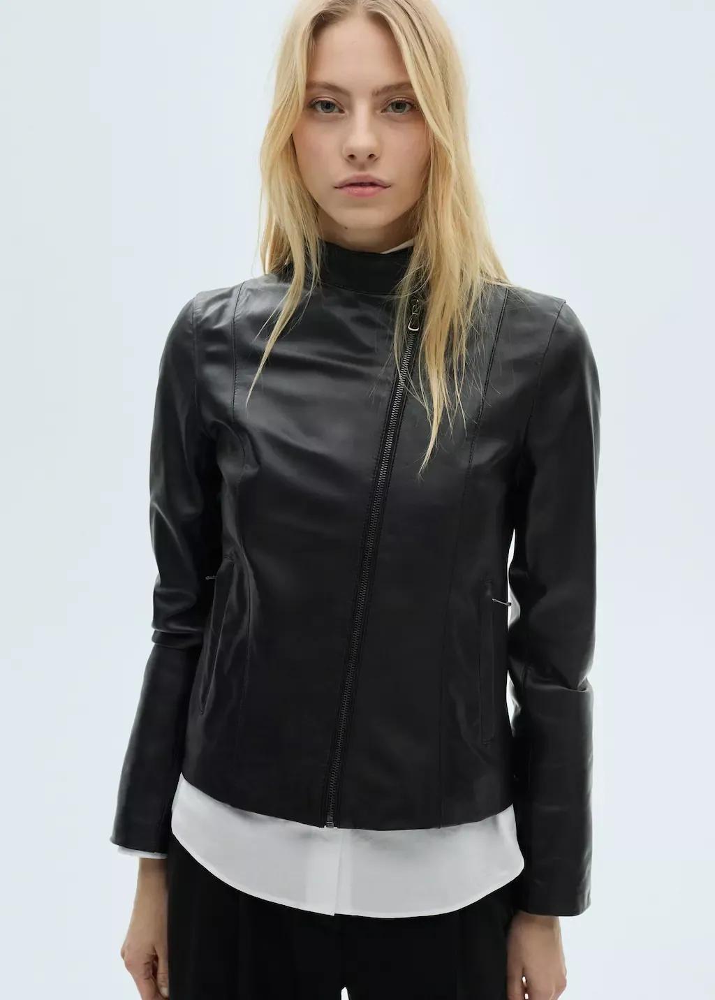 Black Fitted Leather Jacket With Zip, , medium