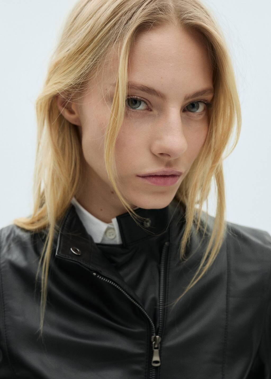 Black Fitted Leather Jacket With Zip, , large image number 1