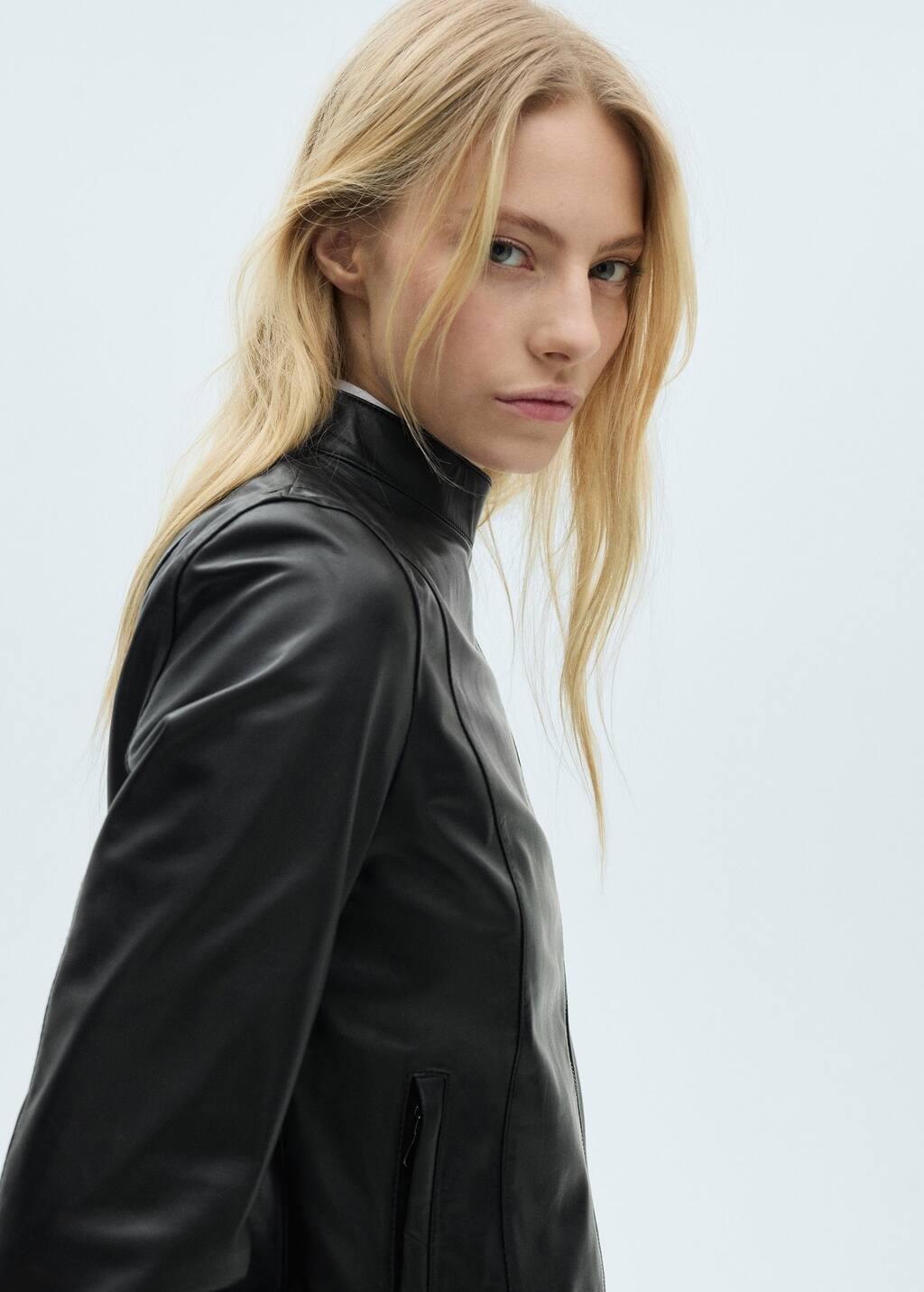 Black Fitted Leather Jacket With Zip, , large image number 2