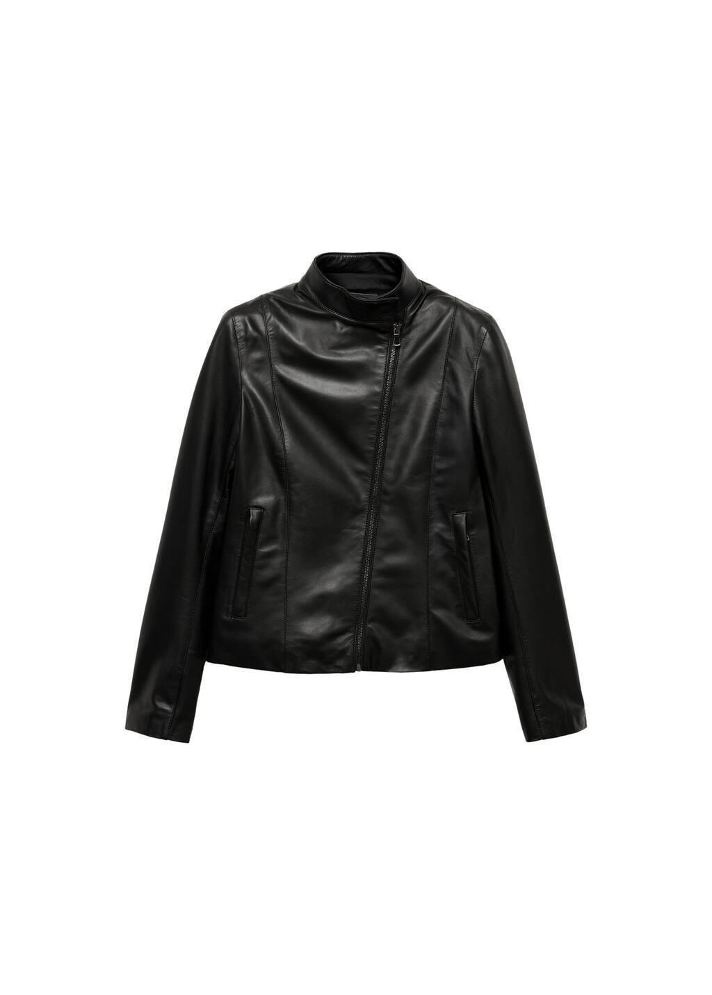 Black Fitted Leather Jacket With Zip, , large image number 3