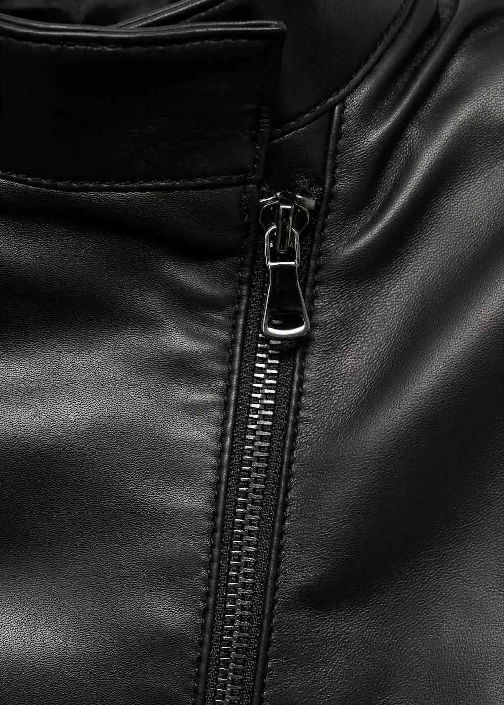 Black Fitted Leather Jacket With Zip, , large image number 4