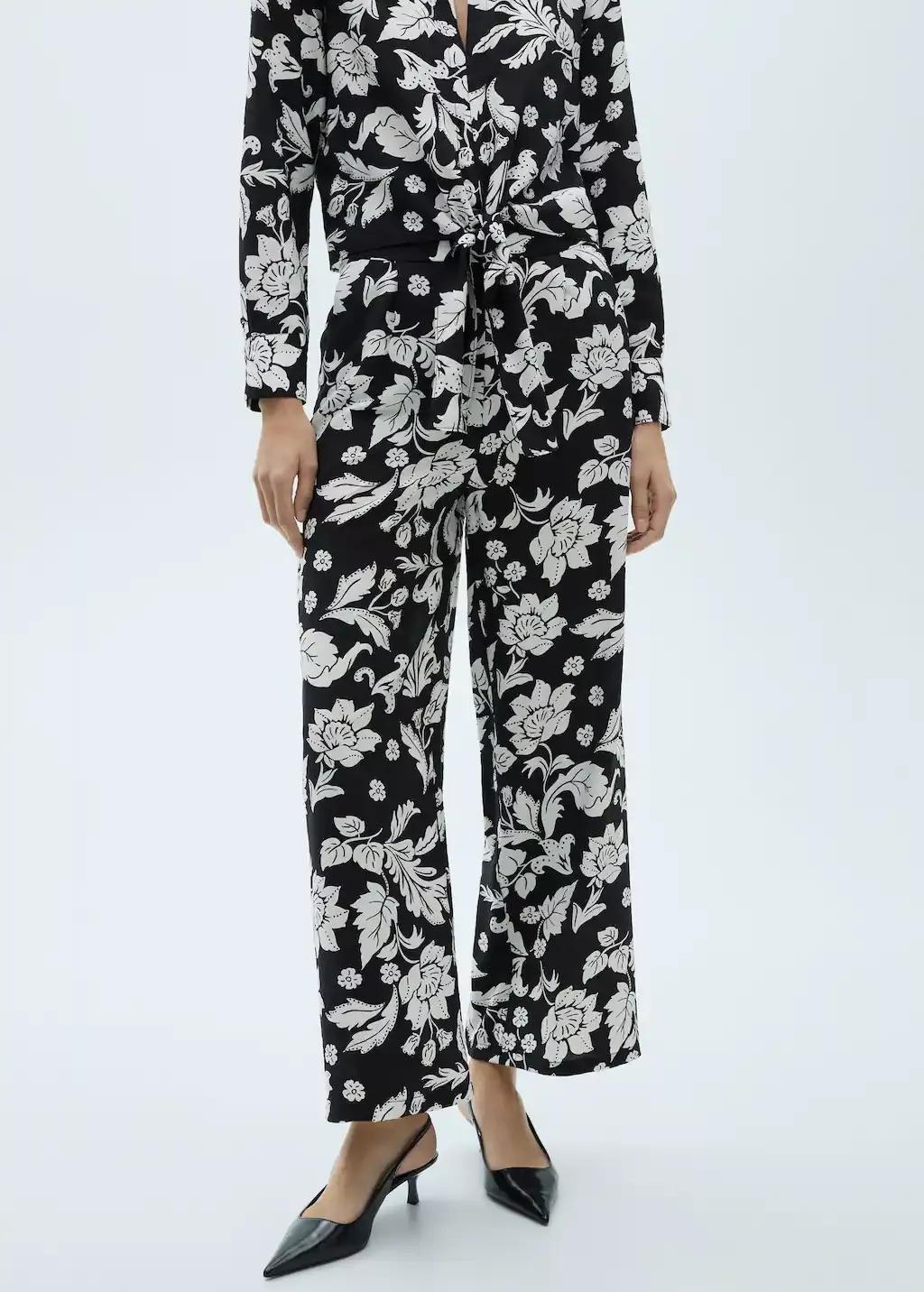 Black Floral Print Straight Trousers, , medium