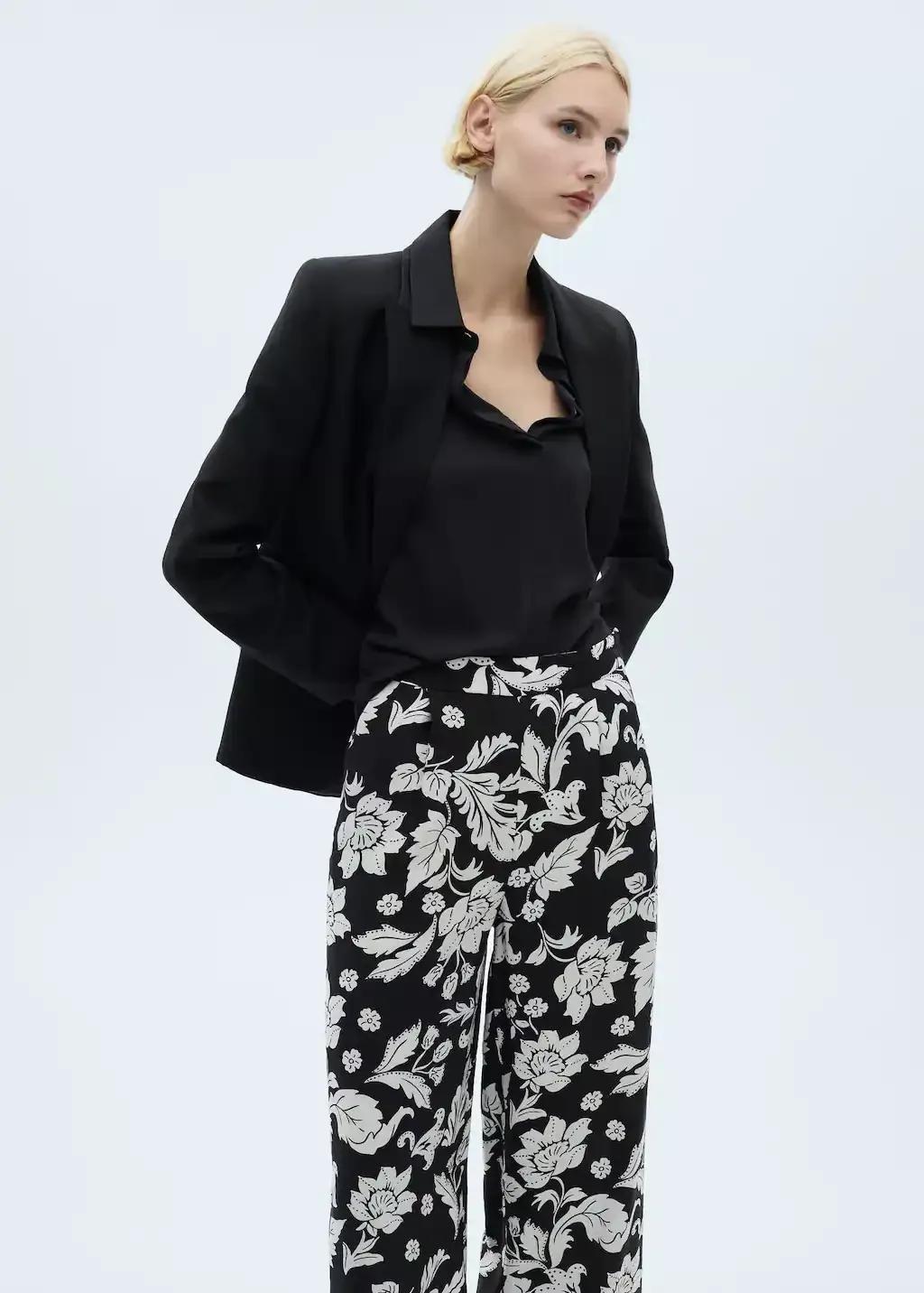 Black Floral Print Straight Trousers, , large image number 1